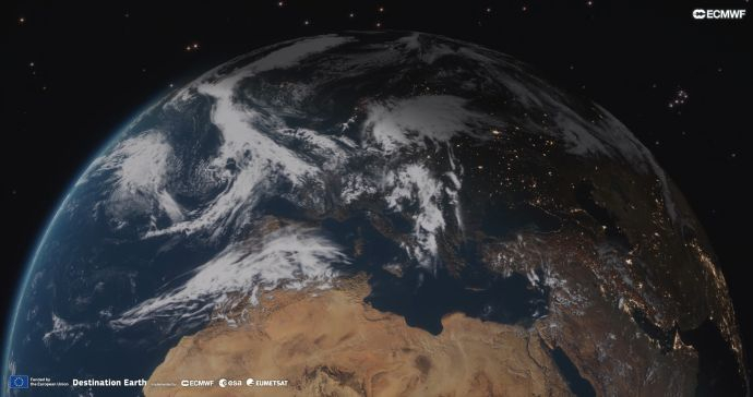A view of the Digital Twin: an ultra‑high‑resolution 5 km simulation from the European Union’s Destination Earth initiative, visualising global cloud systems through liquid and ice water distribution with unprecedented clarity. Created by Andreas Mueller, ECMWF in the framework of the European Union Destination Earth Initiative with acknowledgement to EuroHPC Joint Undertaking. Credit: ECMWF Destination Earth 