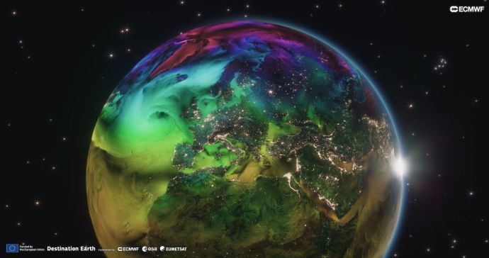 The digital twin: a global view of 2 m temperatures and 10 m wind speeds, where colour brightness reflects wind intensity. This high-resolution rendering blends scientific data with atmospheric effects and city night lights. Created by Andreas Mueller, ECMWF in the framework of the European Union Destination Earth Initiative with acknowledgement to EuroHPC Joint Undertaking. Credit: ECMWF Destination Earth 