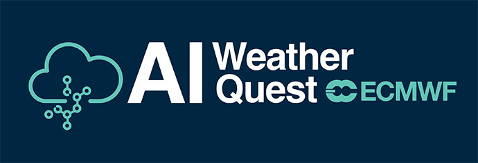 AI Weather Quest logo with a cloud graphic and the words AI Weather Quest in white and the ECMWF logo in green