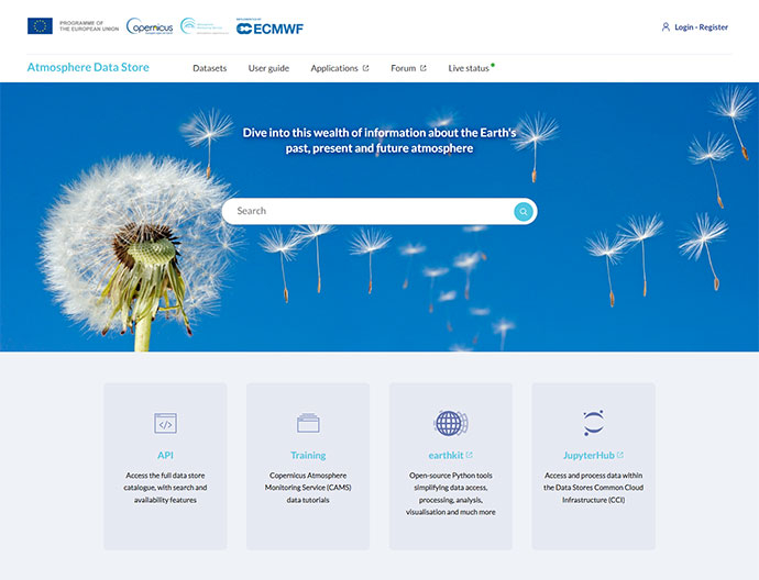 Screenshot of the Atmosphere Data Store homepage with a dandelion seed image, search bar, and links to API, training, earthkit, and JupyterHub.