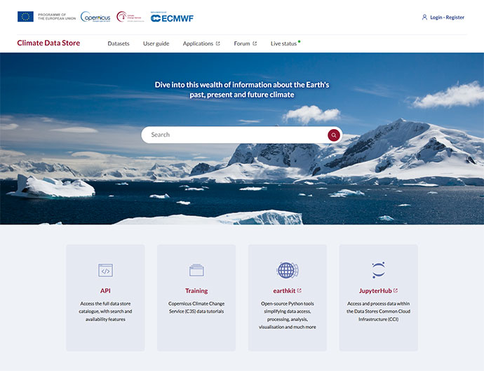 Screenshot of the Copernicus Climate Data Store homepage showing a polar landscape banner, search bar, and links to API, training, earthkit, and JupyterHub