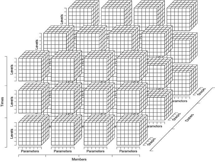 A 3D grid of stacked cubes representing archived meteorological data organised by dates, members, times, levels and parameters.
