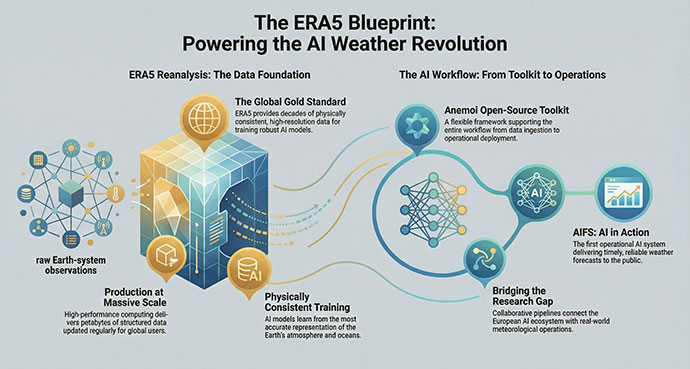 Infographic illustrating the ERA5 Blueprint for AI weather forecasting, showing data from global Earth‑system observations feeding into ERA5 reanalysis, physically consistent model training, an open-source toolkit, research collaboration, and operational AI weather prediction.