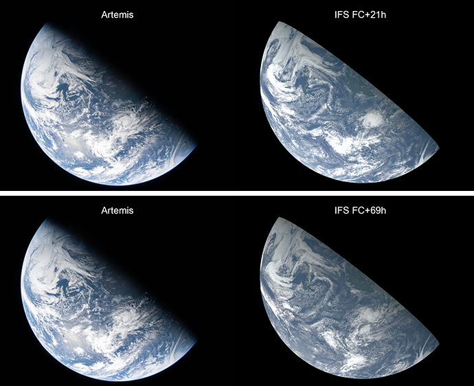 Four-panel comparison of Earth images from Artemis and IFS forecasts, showing similar cloud patterns at +21h and +69h lead times.