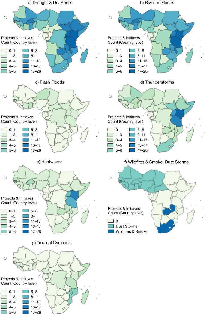 Maps of Africa showing country-level counts of projects and initiatives for different hazards (droughts, floods, flash floods, thunderstorms, heatwaves, wildfires, and cyclones), with darker shades indicating higher counts.
