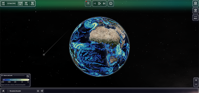 Screenshot of the Weather Replay app showing global view of Earth centred on Africa and Europe, overlaid with blue weather patterns in a data visualisation interface.