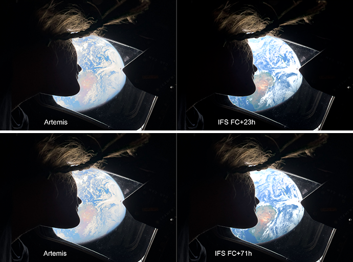 Four-panel comparison of Artemis images and IFS forecasts (23h, 71h), showing similar Earth views through a spacecraft window with aligned cloud patterns.