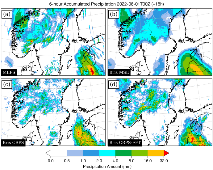 Four-panel comparison of 6‑hour accumulated precipitation forecasts over northern Europe, showing differences in the location and intensity of rainfall patterns between MEPS and three machine-learning forecast approaches.