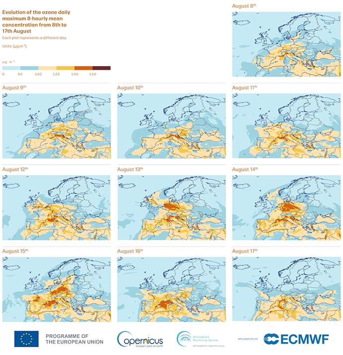 Grid of daily maps showing maximum 8‑hour ozone concentrations across Europe from 8–17 August, illustrating the evolution of elevated ozone levels over central and southern Europe. Logos of the European Union, Copernicus Atmosphere Monitoring Service (CAMS), and ECMWF appear along the bottom.