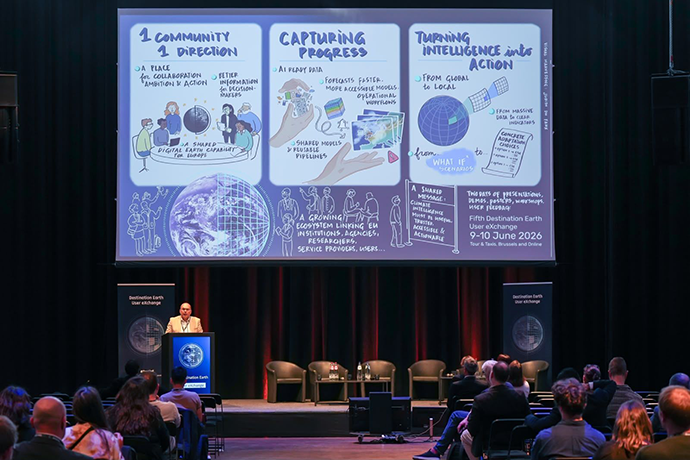 Presentation screen at a Destination Earth User Exchange event showing an illustrated summary of community collaboration, progress and turning intelligence into action, with a speaker on stage and an audience seated in the conference hall.