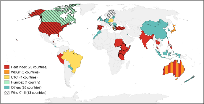 World map showing the heat stress index used by different countries for weather warnings. Countries are colour-coded by index: Heat Index (25 countries), Wet-Bulb Globe Temperature (WBGT, 5), Universal Thermal Climate Index (UTCI, 4), Humidex (1), other indices (26), and Wind Chill (13). Heat Index is used mainly in the United States, India, parts of Africa and Australia, while Wind Chill is common in North America and northern Europe.