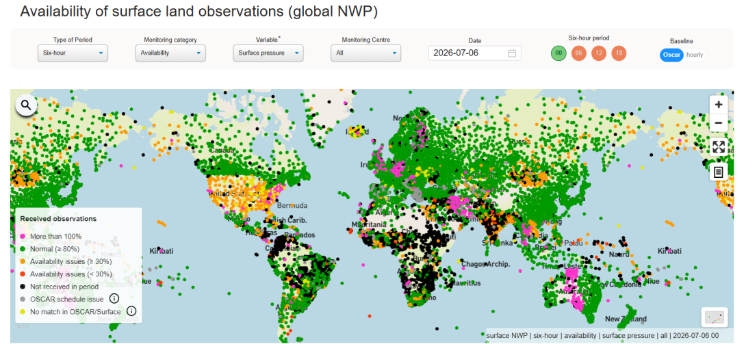 Screenshot of the WDQMS tool showing a global map covered in colourful dots