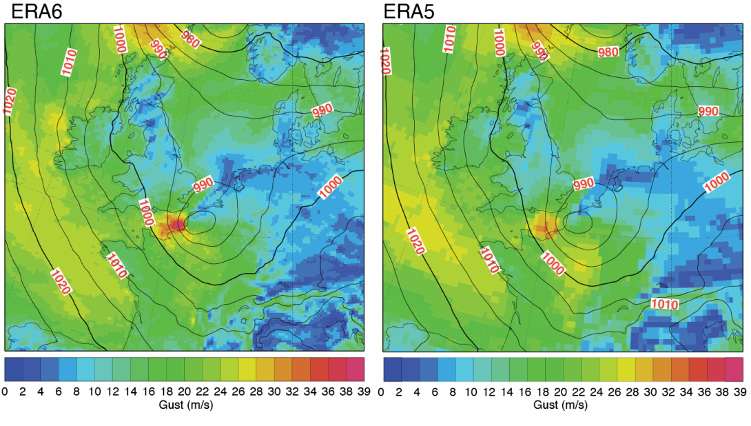 Maximum wind gust during the previous hour (m/s, colours) and mean sea level pressure (hPa, contours) for ERA6 (left) and ERA5 (right) for windstorm Egon at 20 UTC, 12 January 2017, just before its landfall near Dieppe, France.