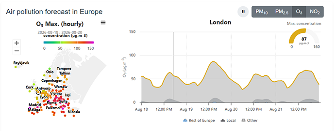 Screenshot of O3 max air pollution forecast from the CAMS policy portal