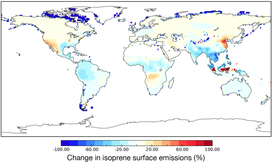 Relative change in isoprene emissions after optimisation