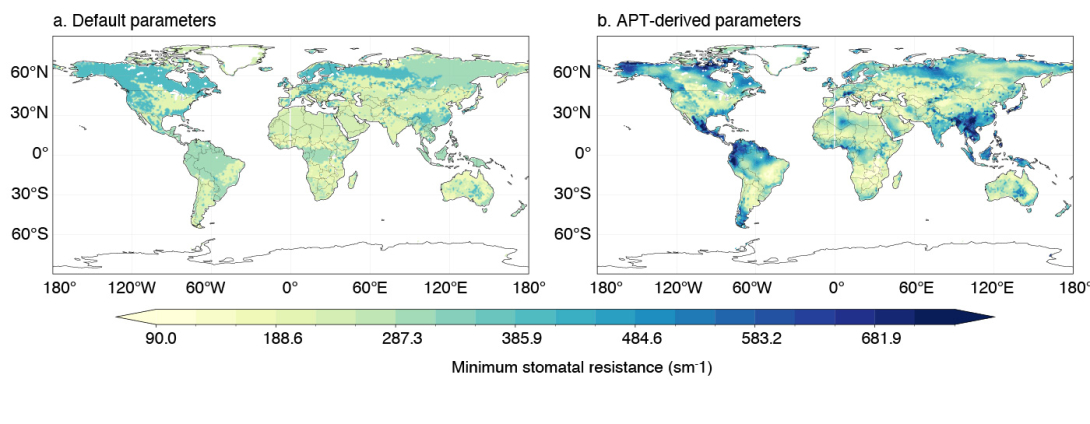 Maps of minimum stomatal resistance for high vegetation with default and APT-derived parameters