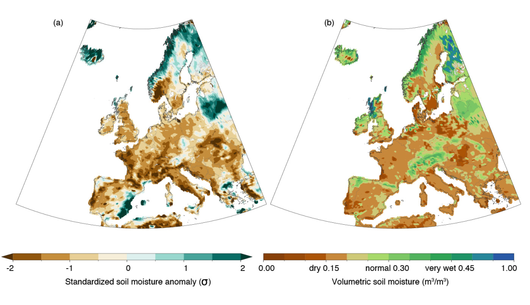 Soil moisture anomalies and values during the 2022 European heatwave