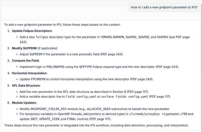 Screenshot of the IFS Assistant answering a question about adding a new gridpoint parameter to the Integrated Forecasting System (IFS). The response provides step-by-step guidance, including updates to parameter descriptors, field computation, data structures, interpolation routines and model modules, based on cited IFS documentation.