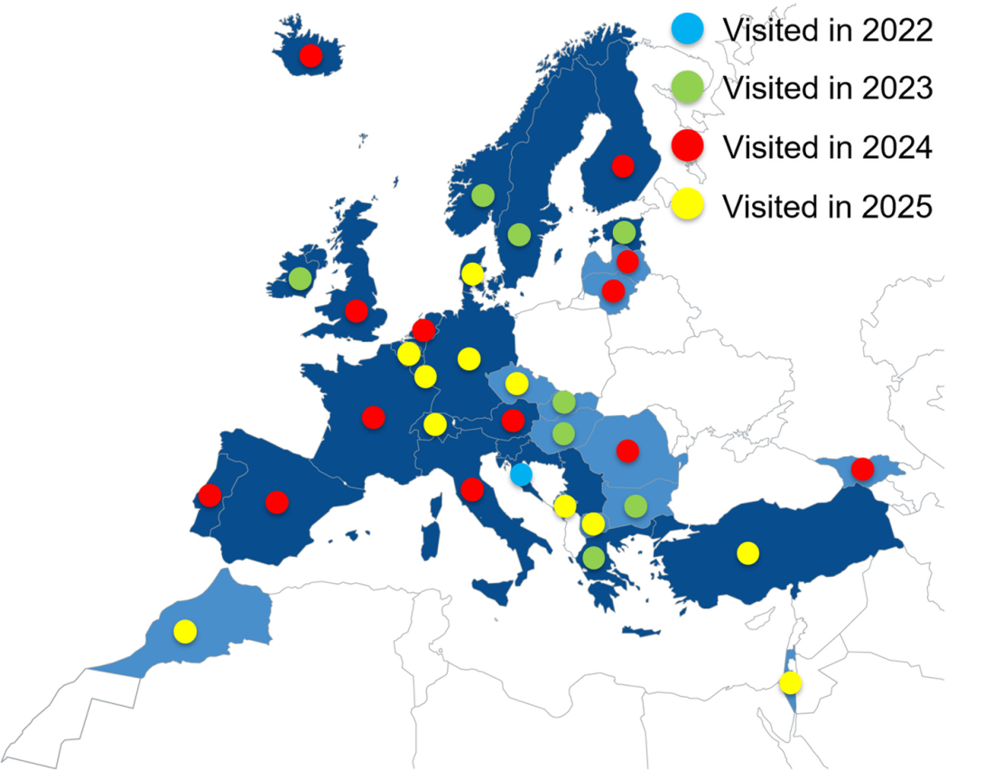 ECMWF Member and Co-operating States visited between 2022 and 2025.