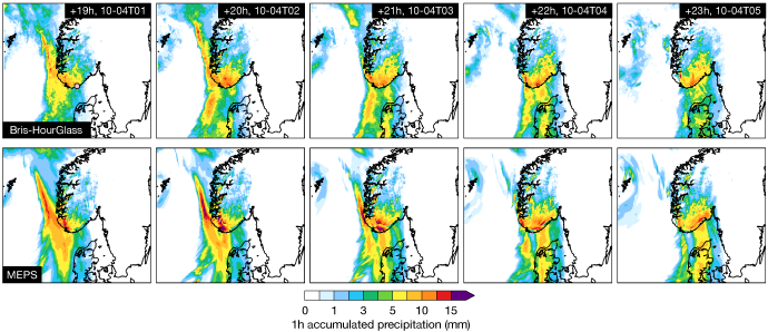 Grid of ten forecast panels comparing accumulated one-hour precipitation over Scandinavia from +19 to +23 hours. The top row shows the Bris-HourGlass method and the bottom row MEPS, with coloured shading indicating rainfall intensity from 0 to 15 mm. A narrow band of heavy precipitation extends northward along the Norwegian coast, with differences in localisation and intensity between the two approaches.