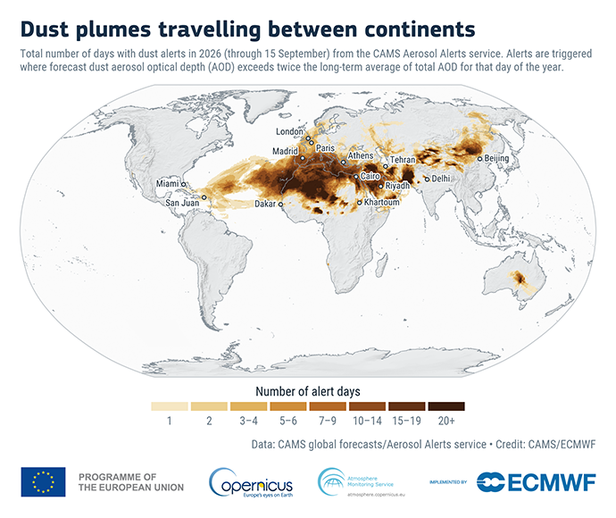 World map showing the number of dust-related air quality alert days in 2026, with major dust plumes extending from North Africa and the Middle East across Europe, Asia and the Atlantic.