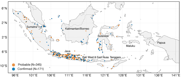 Map of Indonesia showing the locations of confirmed (blue, n=171) and probable (orange, n=345) events. Most events are concentrated across Java, with smaller clusters on Sumatra, Sulawesi, Bali, Nusa Tenggara and other islands.