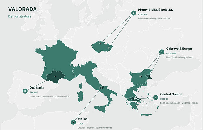 Map showing five VALORADA demonstrator regions across Europe: Gabrovo and Burgas, Přerov and Mladá Boleslav, Occitania, Central Greece, and Molise.