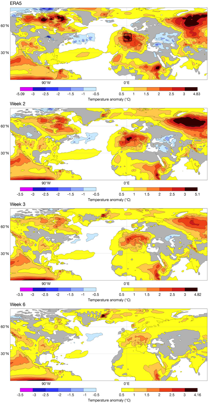 Series of global maps showing weekly temperature anomalies from ERA5 reanalysis, with widespread above-average temperatures (yellow to dark red) across Europe, North America and northern Asia, and cooler-than-average conditions (blue) in some regions. The maps compare conditions for ERA5 and forecast weeks 2, 3 and 6.