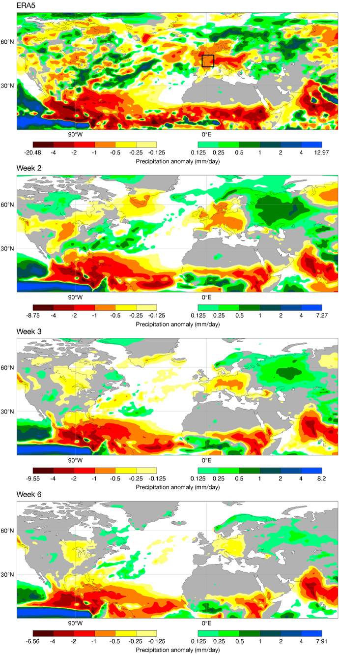 Series of global maps showing precipitation anomalies from ERA5 reanalysis and forecasts for weeks 2, 3 and 6. Brown and red areas indicate drier-than-average conditions, while green and blue areas indicate wetter-than-average conditions, with notable anomalies across Europe, the North Atlantic and the tropics.