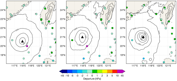 Three-panel map comparing pressure departures around a tropical cyclone. Coloured observation points show differences between observed and modelled pressure values, while contour lines depict the cyclone’s pressure field and position at different stages of the analysis.