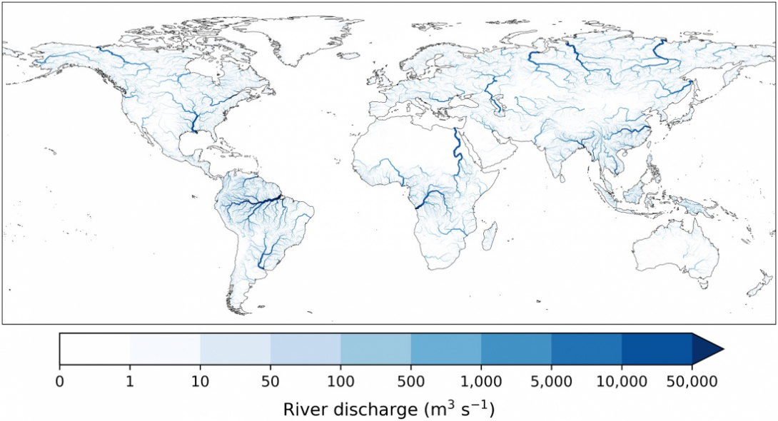 Mean daily river discharge 1980 to 2019 from GloFAS v4.0